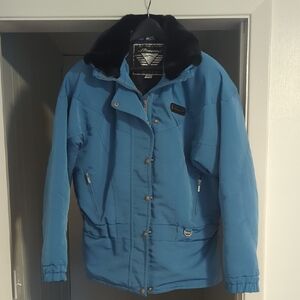 Vintage Schneider Women's Blue Ski Jacket with Detachable Faux Fur Black Collar